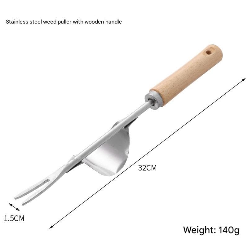 Stainless Steel Manual Weeding Tool with Wooden Handle – Garden Hand Shovel for Weed Removal, Root Lifting, Loosening Soil and Transplanting (Wood Handle)