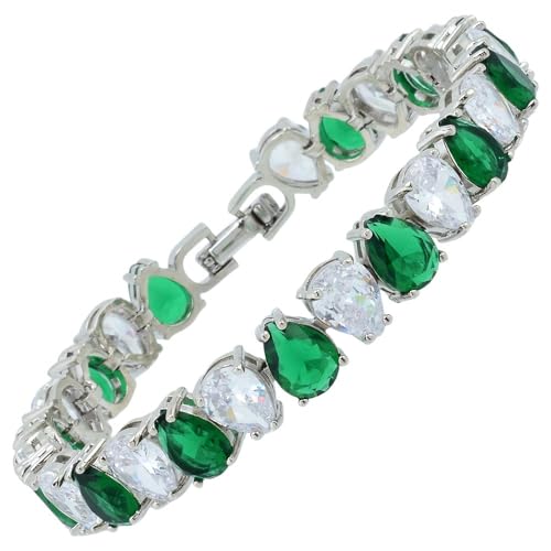 RIZILIA SPECTRUM 18K White Gold Plated 6mm Pear Cut CZ [Simulated Green Emerald] Classic Tennis Bracelet, Gold Bracelets for Women, Size 18 cm (7 Inch), Jewelry Gift for Women