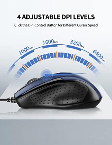 TECKNET USB Wired Mouse, 6-Button Corded Computer Mouse with 4 Adjustable DPI, Optical Computer Mice with Ergonomic Design and 5FT Cord for Laptop, Chromebook, PC, Desktop, Mac, Notebook-Blue - 1