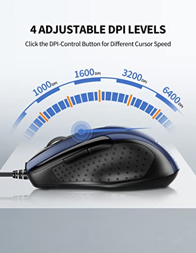 TECKNET USB Wired Mouse, 6-Button Corded Computer Mouse with 4 Adjustable DPI, Optical Computer Mice with Ergonomic Design and 5FT Cord for Laptop, Chromebook, PC, Desktop, Mac, Notebook-Blue