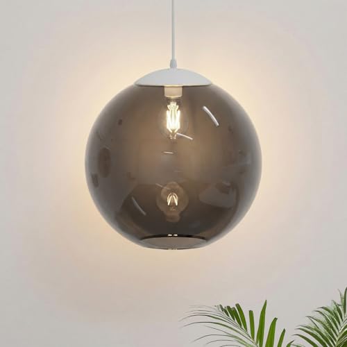 Image of KASTLITE 12 inch Acrylic Globe Pendant Light Fixture, 8W 3000K Filament LED Bulb, Ceiling Mount - Kitchen Pendant Lighting Over Island, Hanging Dining Light, Living Room Lamp - Smoke Shade, White Base