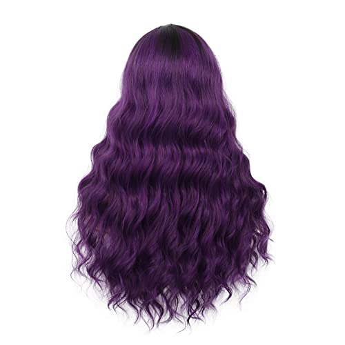 Image of Swiking Ombre Purple Curly Wavy Long Wigs for Women Black Root Natural Breathable Colorful Wig for Halloween Party Cosplay (Purple)