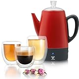 Moss & Stone Electric Coffee Percolator, Red Body with Stainless Steel Lid Coffee Maker, Percolator Electric Pot, Red Camping Coffee Pot 10 Cups Bundle With Set of 3 Double Wall Glass Cup Clear Mug, D