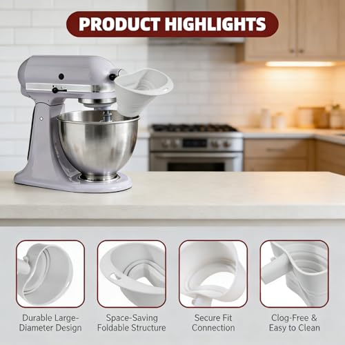 2 Pack Flour Funnel for KitchenAid Stand Mixer, Food Grade Silicone Funnel Attachment with Brush, Mess-Free Pouring Chute for Kitchen Aid Mixer 4.5-7Qt, Foldable Dishwasher Safe Baking Tool — view 3