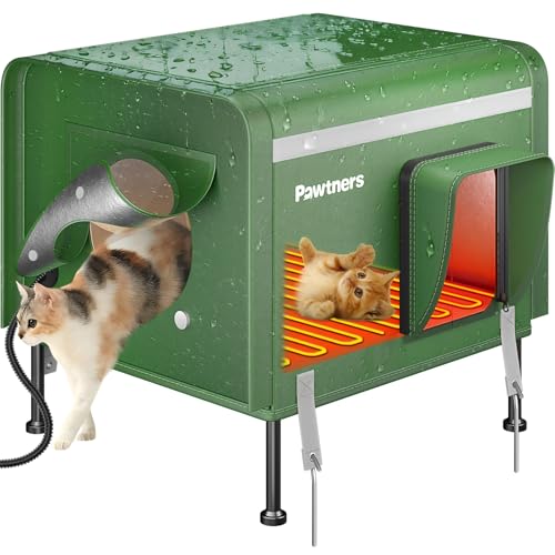 Pawtners Heated Outdoor Cat House for Outside Cats, 19'' Large Insulated Weatherproof Cat Shelter with Heated Pad, Elevated Feet & Escape Door, Warm Kitty House for Feral or Stray Cats in Winter