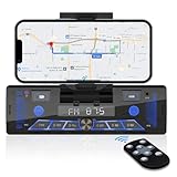 Single-Din Stereo with Car Phone Holder - Bluetooth Car Radio - Push to Talk Assistant Multi Color LCD AM FM Tuner AUX USB Built-in Mic Wireless Remote Control
