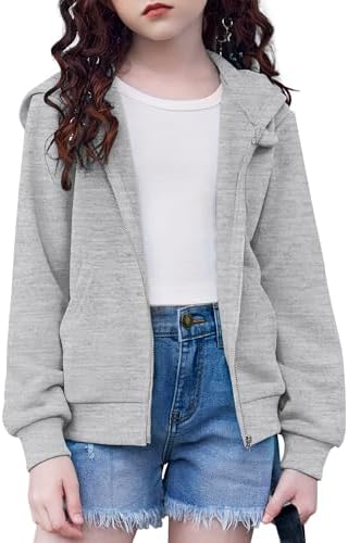 Arshiner Girls Zip Up Hoodies Cropped Full-Zip Hoodie Kids Casual Sweatshirt Spring Fall Jackets Light Grey Size 14-16