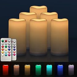 salipt Velas LED Juego de 6, Velas Eléctricas Cambio de Color RGB, 7.6 cm de Diámetro Velas a Pilas Plástico sin Llama con Control Remoto, Temporizador, Impermeables, 15.3 cm de Altura