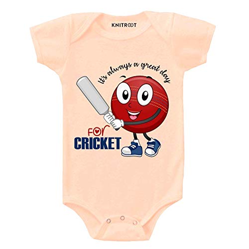 KNITROOT Cricket Special Unisex Baby Romper Half Sleeve Envelope Neck "Great Day for Cricket"(0-3 Months,Peach)