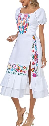 Image of YZXDORWJ Mexican Dress for Women Boho Embroidered Sexy Ruffle Maxi Dress Short Sleeve Summer Beach Wedding Party Dress