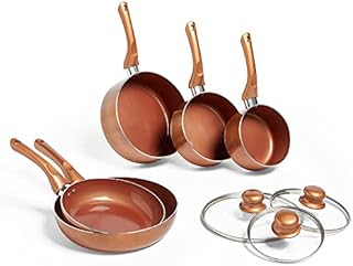VonShef 5 Piece Copper Pan Set, Induction Safe Stainless Steel Pot & Pan Set with Non Stick Coating & Ventilated Glass Lids Suitable for All Hob Types