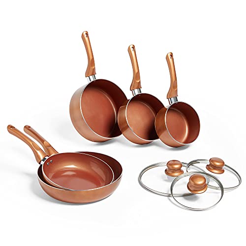 VonShef Pots and Pans Set, 5 Piece Induction Safe, Non-Stick Saucepan and Frying Pan Set, Easy Clean Copper Pots and Pans Set with Glass Lids, PFAS, PTFE, PFOA, Lead & Cadmium Free