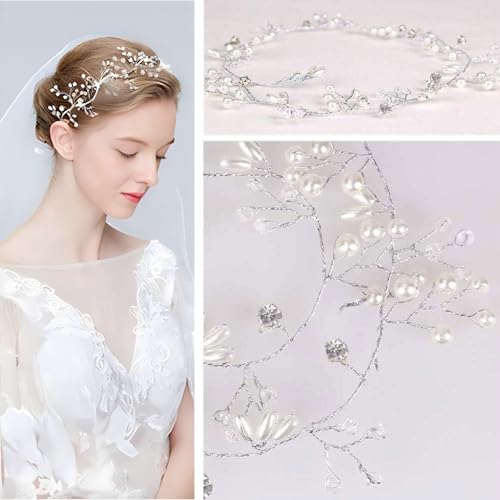 Eowppue Braut-Stirnband & Haarrebe, silberfarbenes Blumenmuster, Hochzeits-Haarschmuck für Frauen, die besondere Anlässe besuchen, 2 Stück