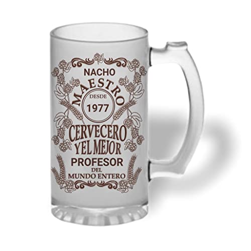 Bee Ingenious Jarra cerveza personalizada de cristal esmerilado. Regalo día del padre: Maestro o Maestra cervecero el mejor con nombre, año y texto personalizados (Maestro)