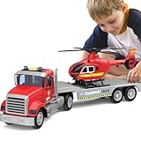 DOWELLIN 22' Semi Fire Truck Toy with Helicopter for Kids Toddlers - Fire Police Car Toys, Birthday for Boy Girl Child 3 4 5 6 7 Years Old