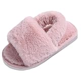LightFun Fuzzy Fluffy Furry girls kids slippers cloud Fur Open Toe Slippers for kid House Home Indoor Outdoor(Pink,1-2)