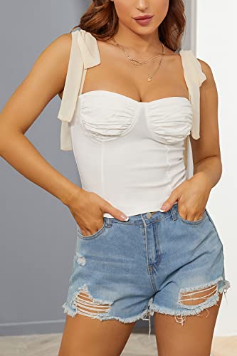 Velius Women's Sleeveless Camisole Tie Shoulder Mesh Strap Tank Crop Tops (White, Large) #TOP5