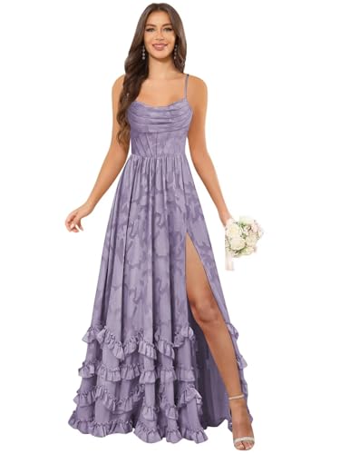 HIZWI Floral Ruffle Maxi Bridesmaid Dress for Wedding, Wisteria, US 6