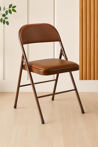 OAK & AURA Premium Foldable Metal Chair with Padded Seat & Back | Heavy-Duty Mild Steel Frame | Compact, Durable & Comfortable Folding Chair for Home, Office, Study, or Events (1, Brown)