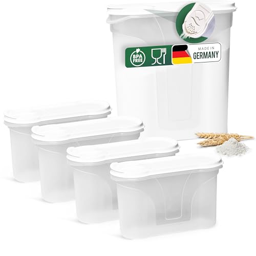 Novaliv Juego de 5 botes de almacenamiento para esparcir (1 x 4 litros y 4 x 1 litro), latas con tapa para cereales, harina, azúcar, latas de cocina, organizadores, cajas de comida, cajas de