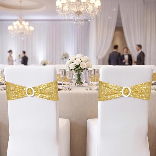 SquarePie 50 Pcs Gold Sequin Chair Sashes Bands, Glitter Double-Sided Sequins Stretch Chair Cover Bows with Buckle Slider for Wedding Party Banquet Gala Event Decor by SquarePie - Image 8