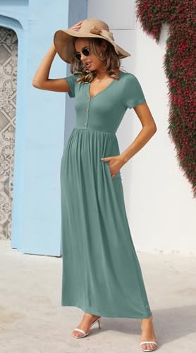 Image of GRECERELLE Womens Summer Long Maxi Dresses 2026 Short Sleeve V Neck Casual Button Dress with Pockets
