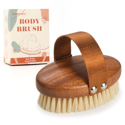 DEBETOOL Dry Brushing Body Brush - Natural Boar Bristle Dry Body Brush for Lymphatic Drainage, Cellulite, Blood（Medium Hardness）