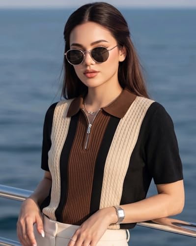 Image of AUSK Women's Casual Summer Polo Knit T-Shirt | Zip Collar Top | Half Sleeves | Ribbed Panel Design | Lightweight Comfort | Regular Fit
