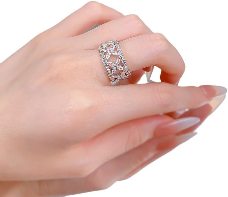 S925 Silver Plated Rings Cubic Zirconia Clover Flower Ring | 12mm Eternity Rings for Women | Silver Rings for Women - Image 2