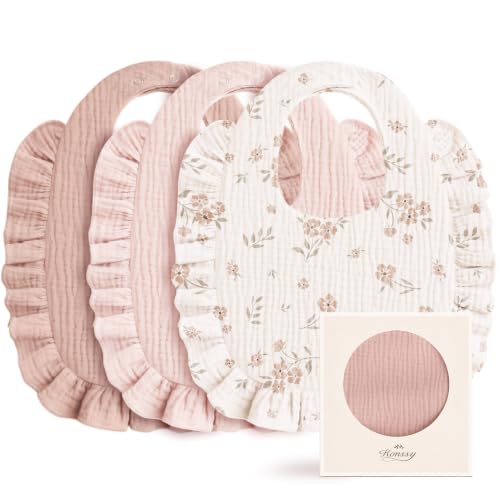 Image of Konssy 3-Pack Muslin Baby Girl Bibs, 100% Cotton with Ruffle Trim | Ultra Soft & Absorbent, Baby Essentials for Drooling and Teething, for Newborn, Infant & Toddler 0-36 Months