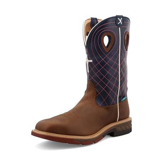 Twisted X Men’s 12” Pull-On Work Boot - Cowboy Boots Crafted with Molded Rubber Outsole, Full-Grain Leather Vamp and Shaft, Waterproof Interior Lining, Full-Length Composite Insole, and Air-Mesh Lined Shaft, Mocha/Navy 9.5 D