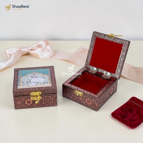 Image of Handcrafted Wooden Jewellery Box Copper Metal Finish (4 x 4 inch) - Pack of 2 | Oxidized Pichwai Cow Design | Decorative Organizer | Storage Box for Women Puja Festive Gifting | Sacred Teal