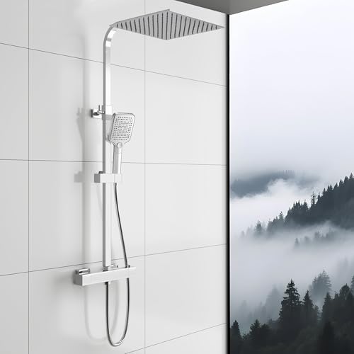 Image of Sky Bathroom Thermostatic Bar Shower Mixer Set with 12" Rainfall & 3-Mode Handheld – Wall Mounted Shower System with Sliding Riser Rail – Chrome
