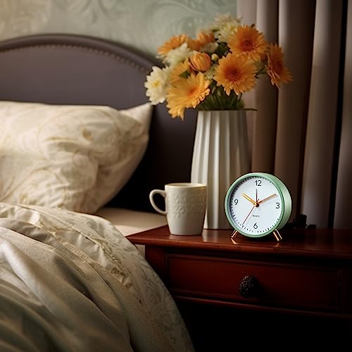 Analog Alarm Clock - 4 Inch Desk Clock For Office, Non Ticking Battery Alarm Clocks For Bedrooms, Small Clocks Battery Operated, Bedside Clock, Silent Retro Small Table Clock Green (Gold Feet) #TOP1