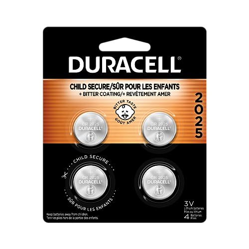 Duracell 2025 battery CR2025 3V Lithium Coin Battery 4 Count (Pack of 1) Bitter Coating Helps Discourage Swallowing Lithium Batteries for Key Fob Car Remote Glucose Monitor and More