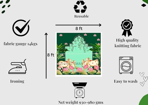 Image of Background Decorations clothss| pongal Decoration backdrops | pichwai Backdrop Cloth for Decoration Dark Green Backdrop Four Cow& Pink Lotus Flowers 8 8 feet | Pooja Backdrop Cloth