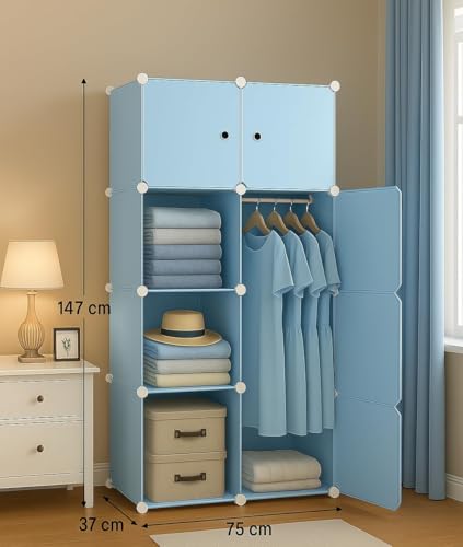 Image of Sunderlook Plastic Wardrobe for Kids Clothes - Professional Collapsible Wardrobe, Easy to Use Foldable Almirah, Plastic Cupboard for Kids for Home (Blue-Z3, 8 Door)