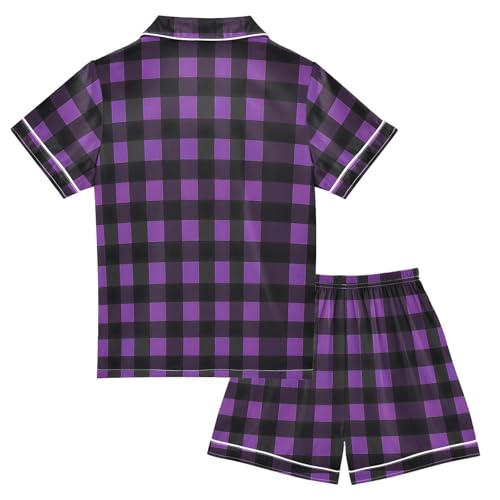 Purple Black Checked Pajamas Set Soft Pjs Sets 2 Piece Short Sleeve Sleepwear Casual Loungewear2