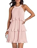 ZESICA Women's 2025 Summer Halter Dresses Sleeveless Ruffle Tiered Layered Chiffon Pleated A Line Swing Mini Dress,Pink,Small