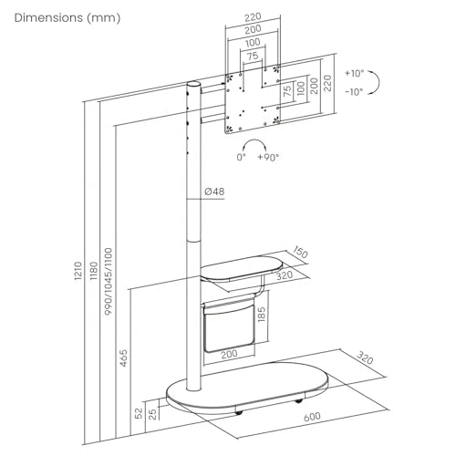 Soporte de TV móvil ajustable en altura con ruedas y gestión de cables miniatura 7
