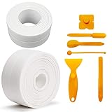 Material duradero: el sellador está hecho de PVC, ecológico e impermeable. El kit de herramientas de calafateo está hecho de silicona, resistente a la corrosión y al calor. Caulk Strip puede embellecer la decoración,a prueba de polillas, a prueba de moho, a prueba de manchas, a prueba de humedad, a prueba de aceite, resistente al calor.Pegamento especial resistente al agua de fuerte adherencia y no se cae fácilmente