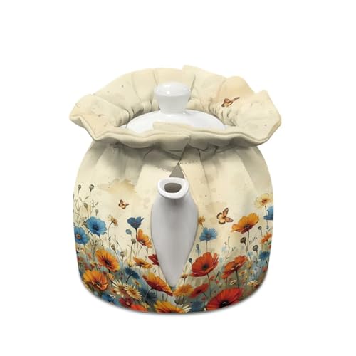 Image of Floral Butterfly Print Tea Cozy Insulation Kitchen Accessory Tea Cozies Covers Kitchen Home Decorative Teapot Cozy for Keeping Warm Kettle Dust Cover
