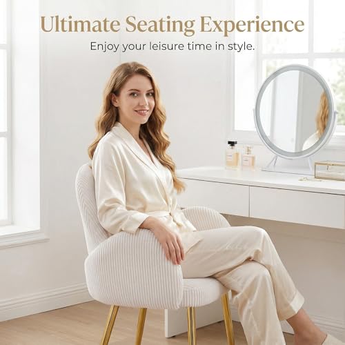 Image of Eifizek Home Office Chair Set of 4, Modern Corduroy Upholstered Vanity Desk Chair with Gold Legs for Girls Women, Ergonomic Padded Backrest for Living Room, Beige