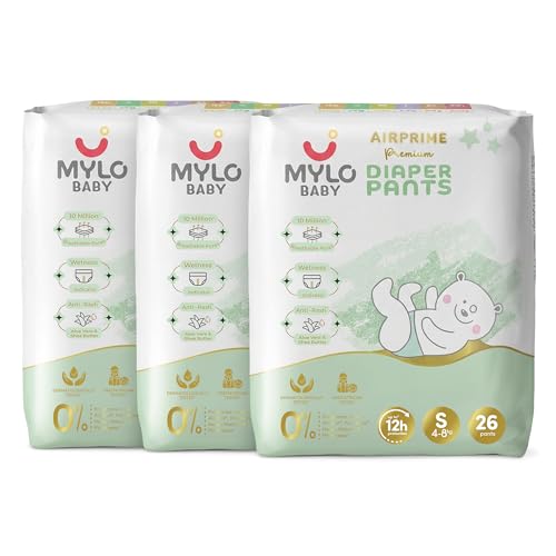 Image of Mylo Baby AirPrime Premium Diaper Pants Small (S) Size (4-8 kgs) (26 Count) Leak Proof | Ultra-Thin & Breathable | Up to 12 Hours Protection | No Rashes (26 Count, Pack of 3)
