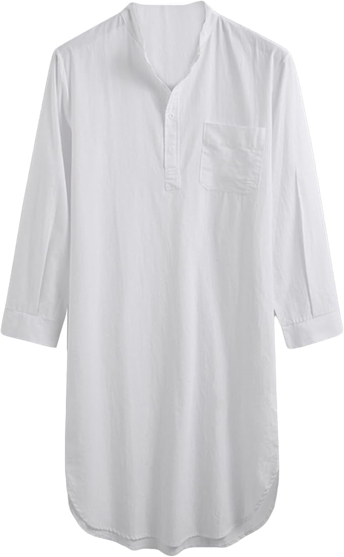 Men's Cotton Nightshirts V-Neck Mid-Length Long Sleeve Nightgowns