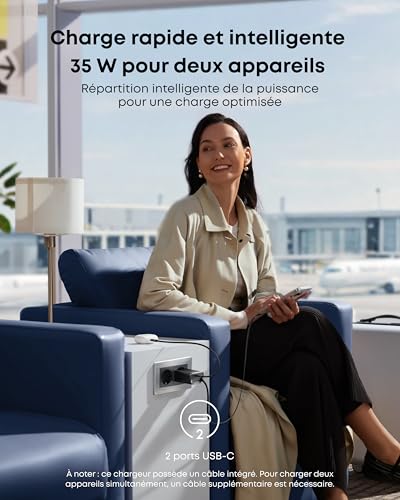 Anker Nano Chargeur iPhone USB C 35W, Chargeur Compact Haute Vitesse 2 Ports avec câble rétractable et Durable Anker InstaCord, pour iPhone série 16/15/14, iPad, Pixel, et Bien Plus Encore
