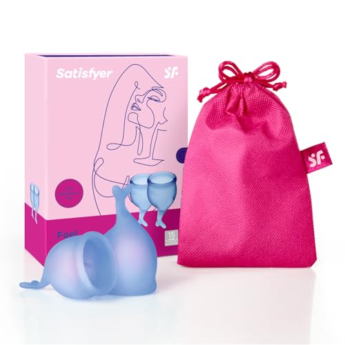 Satisfyer Feel Secure copa menstrual 2 piezas | Copas menstruales reutilizables y sostenibles, 15 y 20 ml | Fácil de limpiar y cómoda | Protección duradera silicona médica: Azul