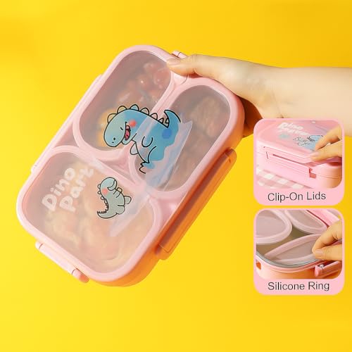 Image of QLECT Printed Dino Party Stainless Steel Lunch Box for Kids Adults, Insulation Keeps Food Warm,Food Grade Bpa Free,3 Compartments with Locking Lid & Steam Valve,Spill Leak Proof|1000Ml Pink