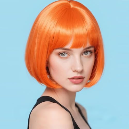 Creamily Orange Short Bob Wig,Straight Orange Bob Wig with bangs, 10 inch Straight Bob Bangs Wig for Women Natural Looking for Daily Use Cosplay Party