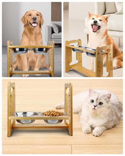 Jovrun Elevated Dog Bowls, Adjustable Raised Dog Bowl Stand for Medium Size Dogs and Cats, Durable Bamboo Dogs Feeder with 2 Stainless Steel Bowls and Non-Slip Feet, Pet Food Bowl for Medium Sizes - Thumbnail 7